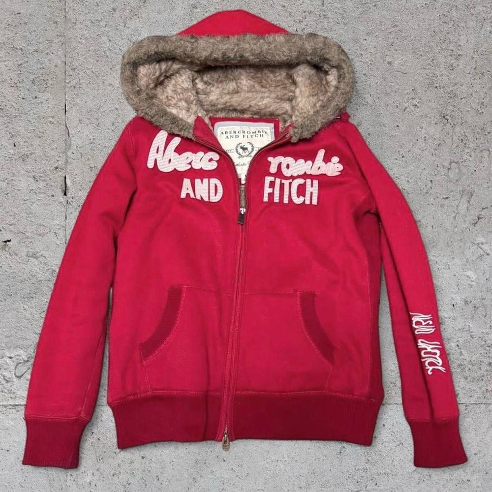 ❌SOLD❌ Abercrombie & Fitch Y2K Vintage Faux-Fur Trim Red Zip Hoodie - Picture 2 of 4